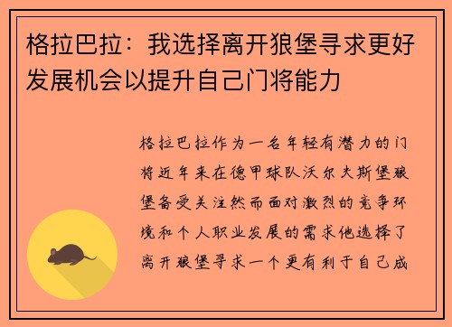 格拉巴拉:我选择离开狼堡寻求更好发展机会以提升自己门将能力 格拉巴拉:我选择离开狼堡寻求更好发展机会以提升自己门将能力