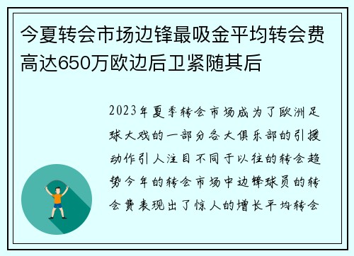 今夏转会市场边锋最吸金平均转会费高达650万欧边后卫紧随其后 今夏转会市场边锋最吸金平均转会费高达650万欧边后卫紧随其后